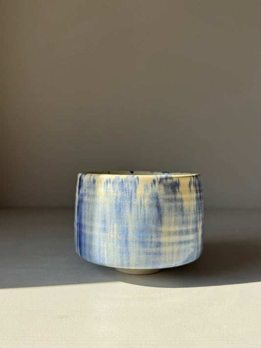 Handmade ceramic Matcha bowl - Cobalt Blue & Moonstone Glaze #01; rounded tall design with fluid blue and moonstone colors.