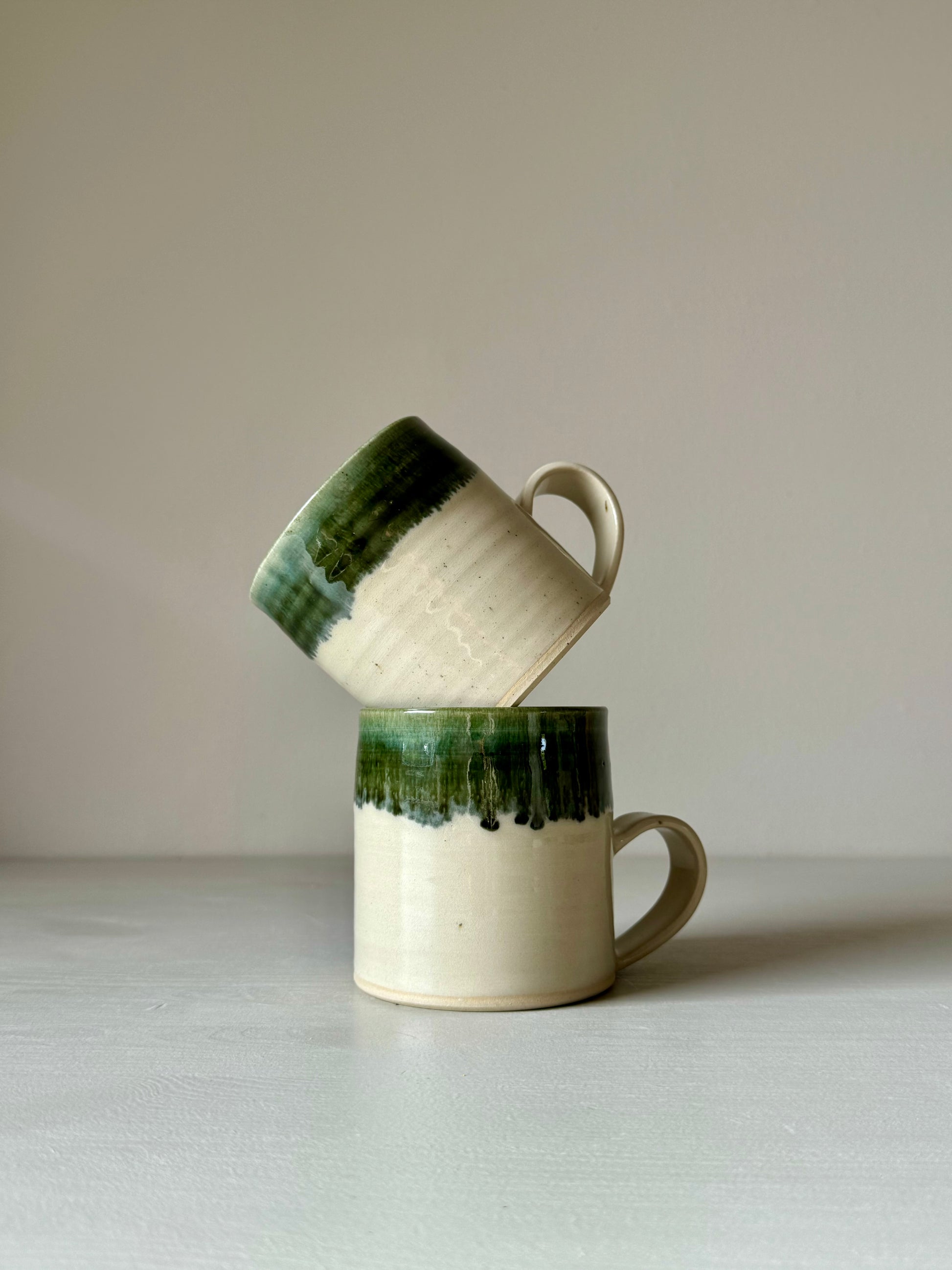 Handmade Ceramic Mug - Clear glaze & Green Rim