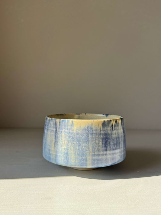 Matcha bowl - Cobalt Blue & Moonstone Glaze #05, a handmade ceramic with deep cobalt and silky moonstone glaze, displaying soft, fluid colors.