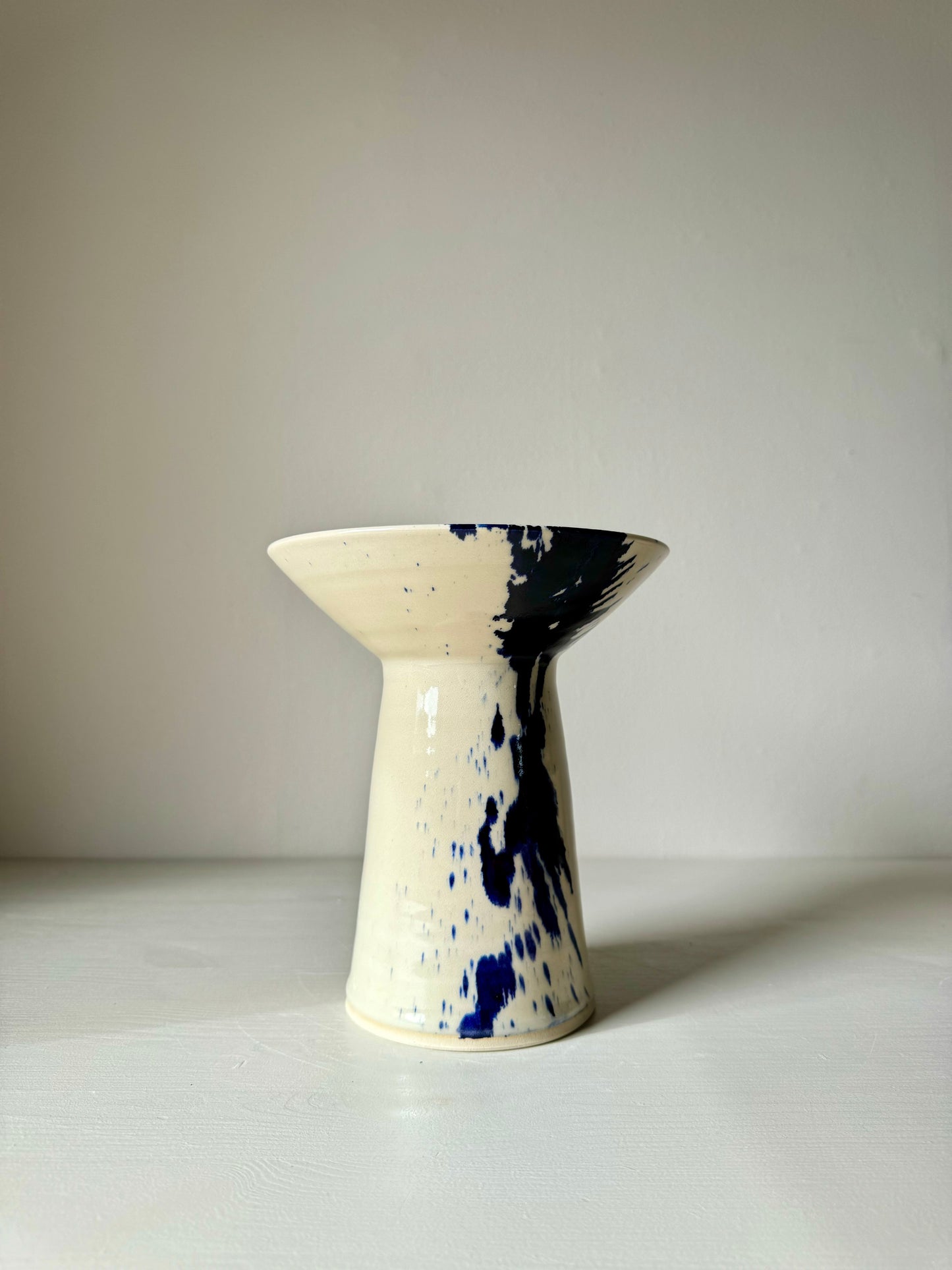 Candlestick Holder - Large - Clear Glaze & Cobalt Blue