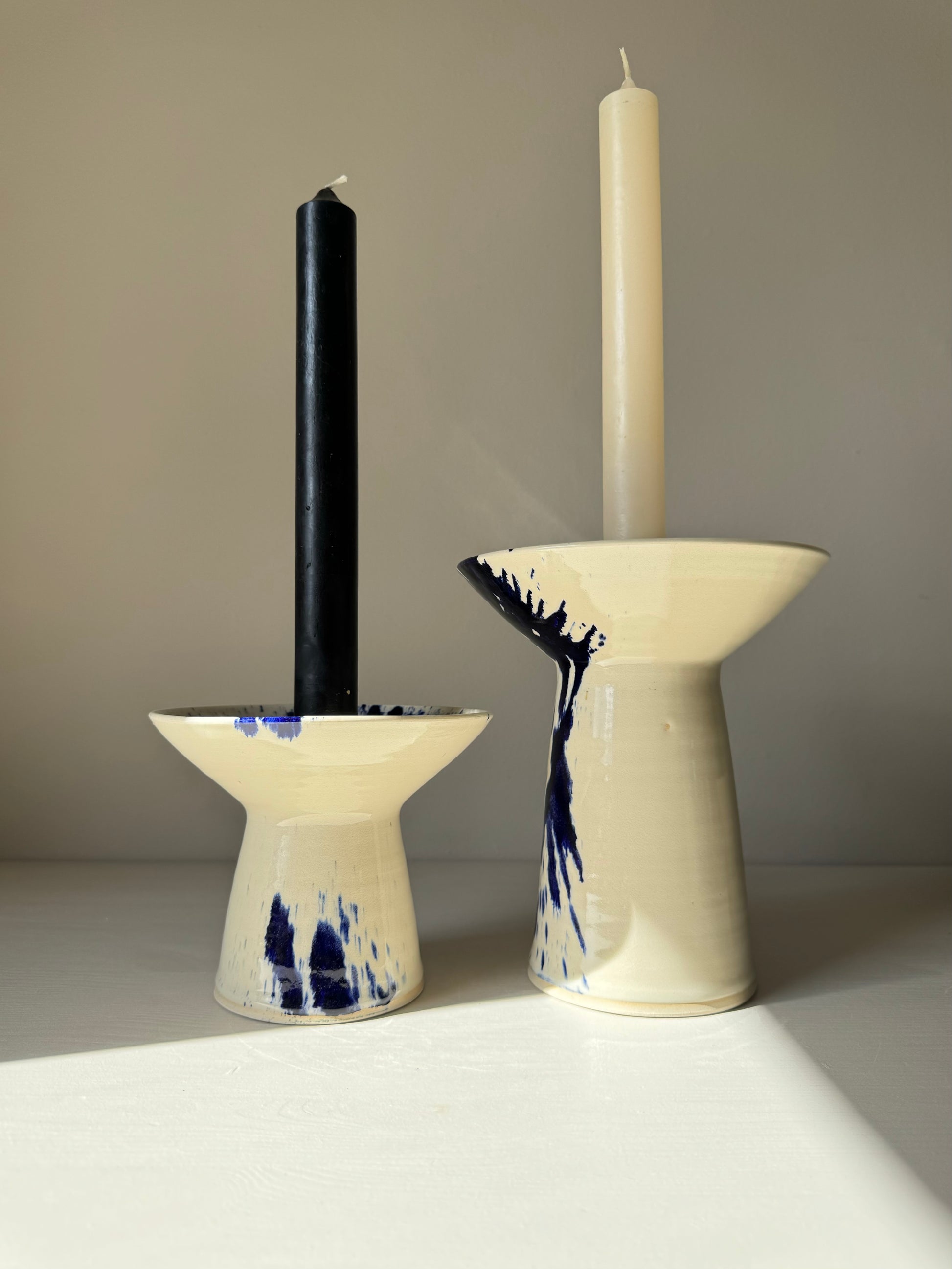 Handmade Candlestick Holders - Clear Glaze & Cobalt Blue