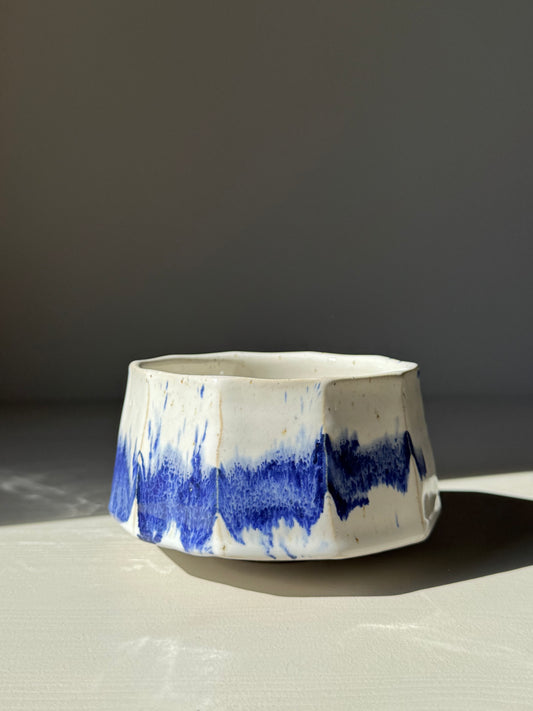 Faceted Matcha Bowl – Cobalt Blue & Glossy White Glaze #03