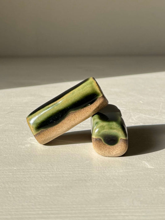 Chopstick/Spoon Rest – Mori with glossy green glaze on toffee clay, handmade with soft corners for dining elegance.