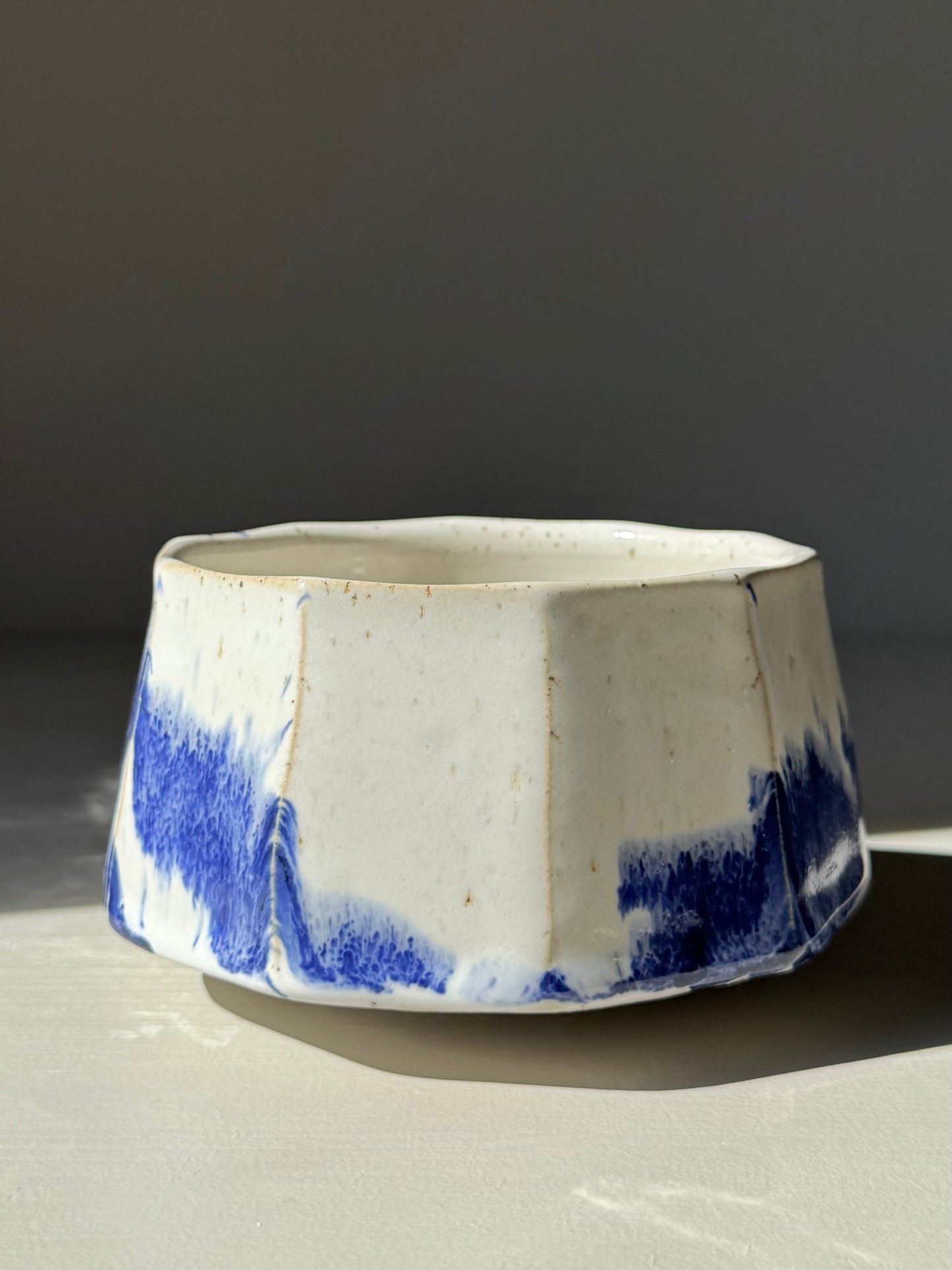 Faceted Matcha Bowl – Cobalt Blue & Glossy White Glaze #03