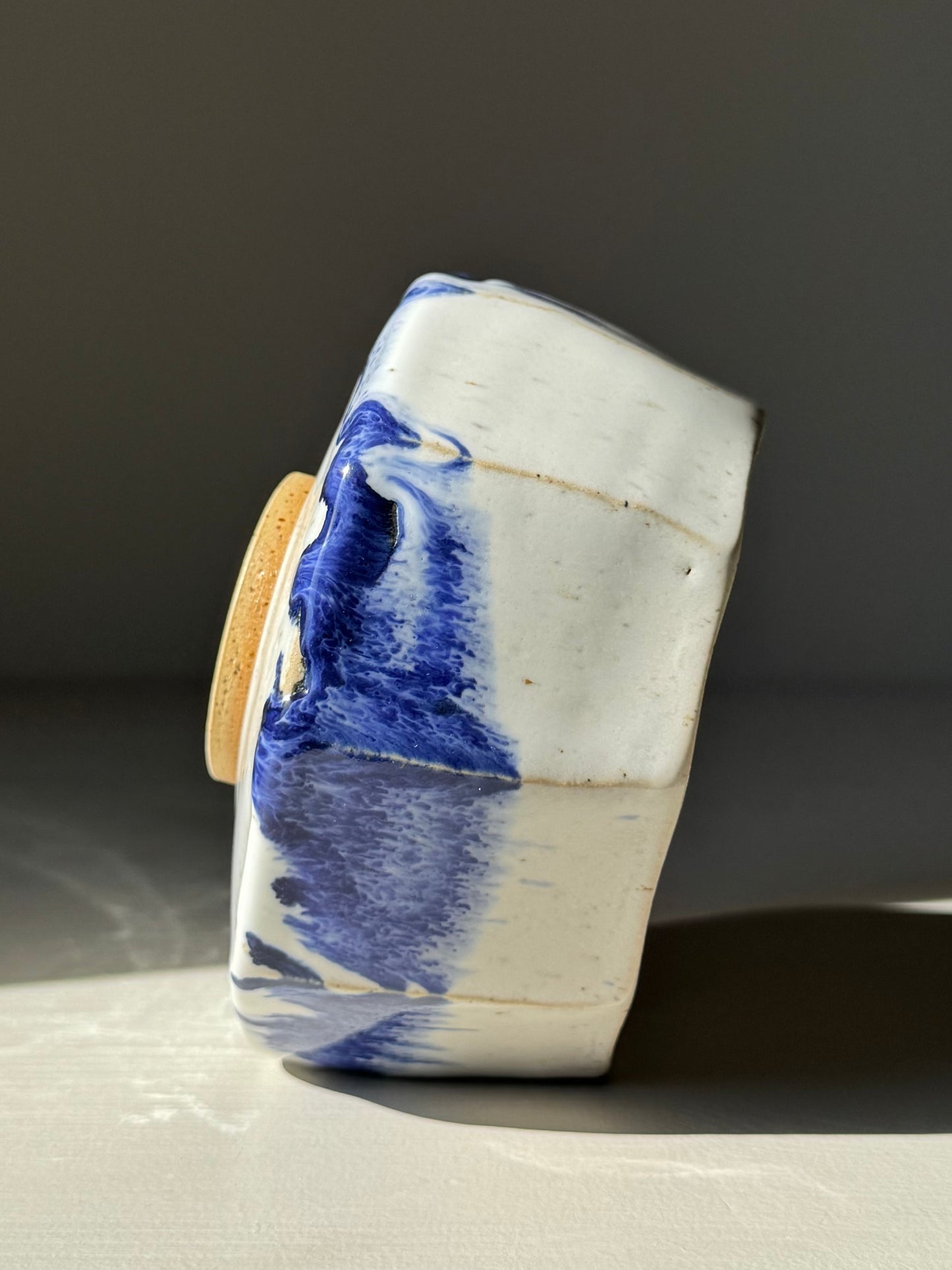 Faceted Matcha Bowl – Cobalt Blue & Glossy White Glaze #02