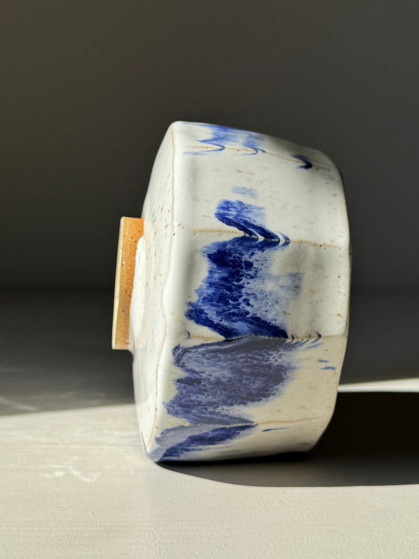 Faceted Matcha Bowl – Cobalt Blue & Glossy White Glaze #01