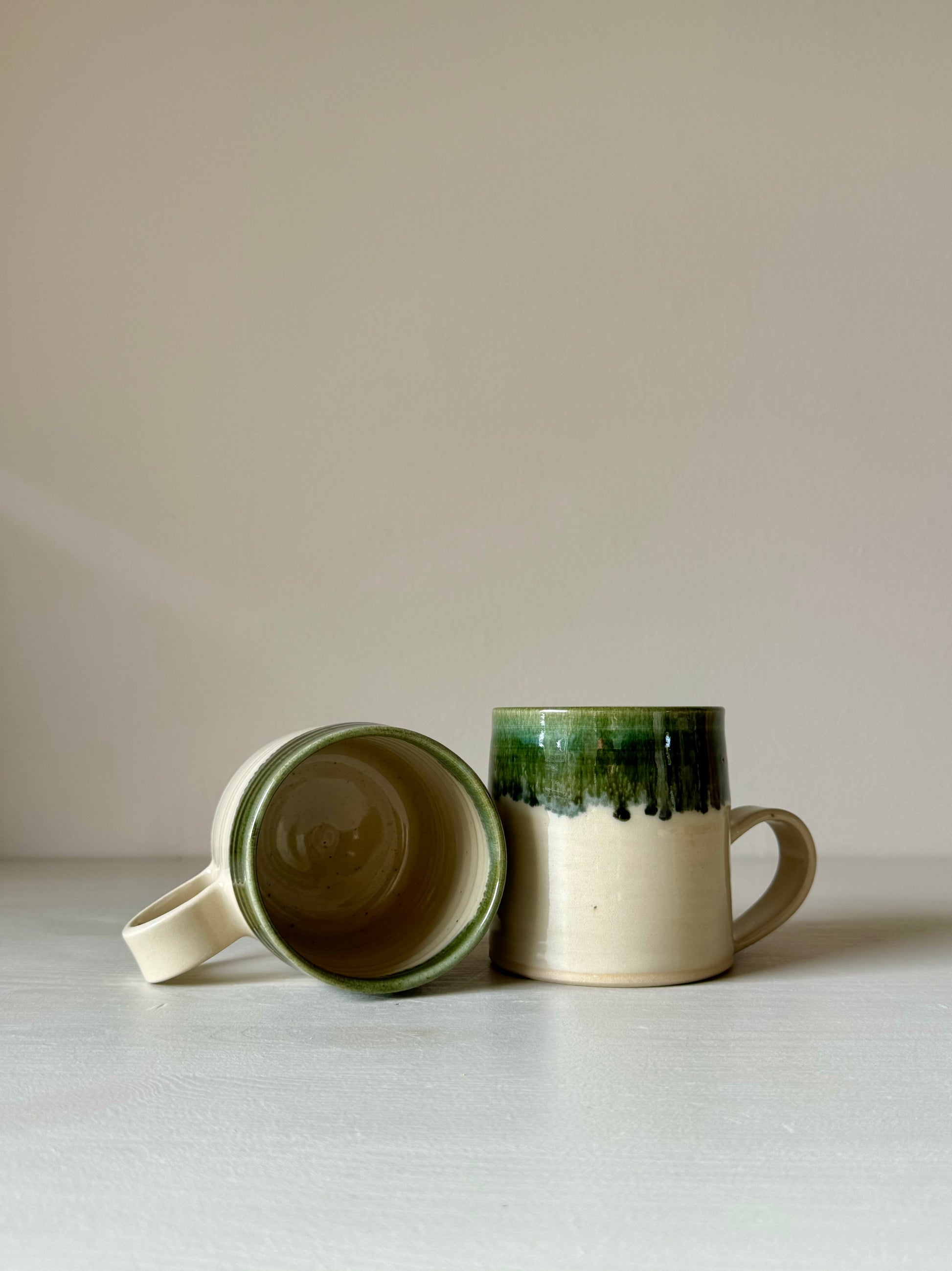 Handmade Ceramic Mugs - Clear glaze & Green Rim