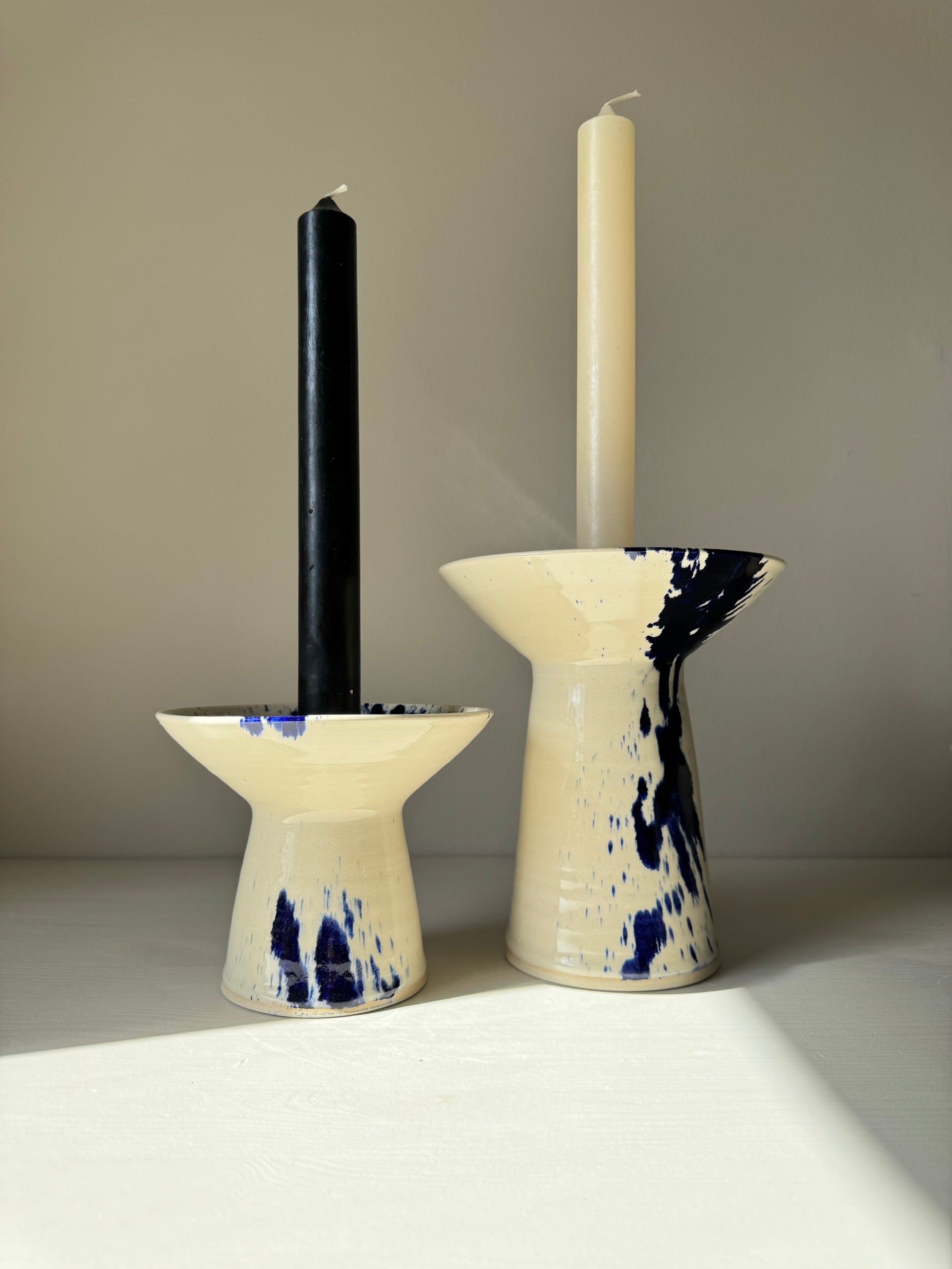 Ceramic Candlestick Holder Set - Clear Glaze & Cobalt Blue