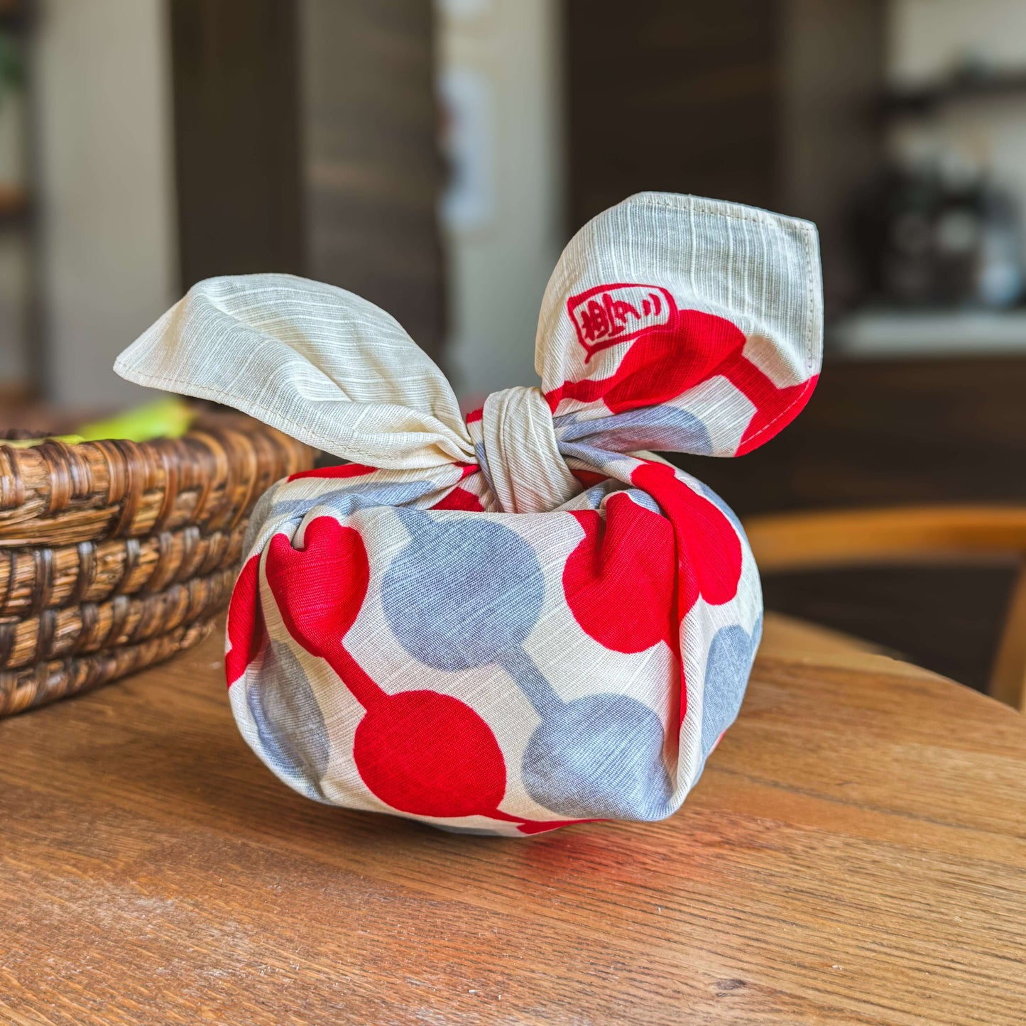 Small Furoshiki Tsunagi Dango Pattern cotton wrap featuring bold red and soft blue design.
