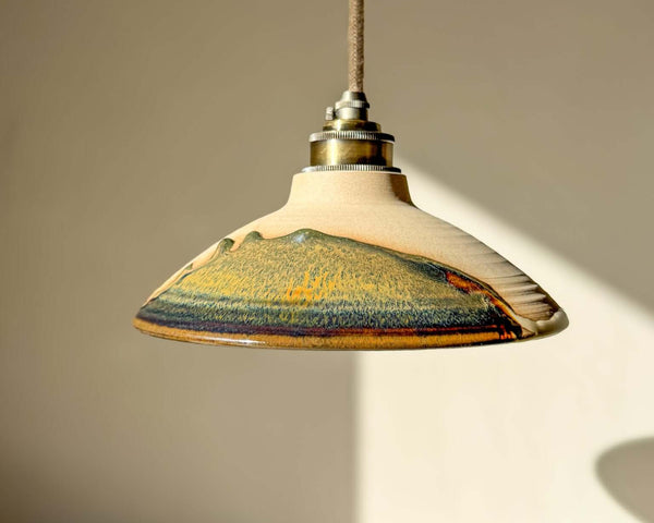 Ceramic Lamp Shade – Inyo #02 - Custom order with glossy glaze and natural finish, featuring bronze, amber, and blue tones.