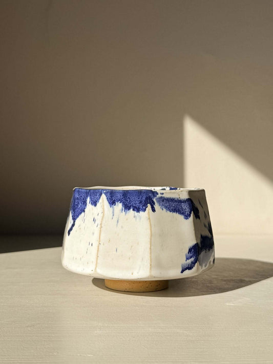 Matcha Kom met Facetten -  Kobaltblauw & Glanzend Wit Glazuur  #02
