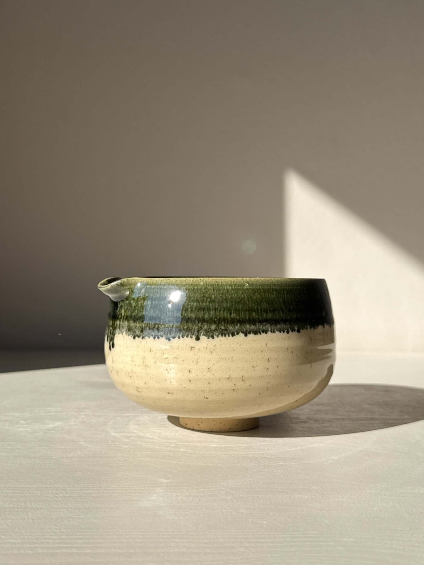 Matcha Bowl with Spout - Green Rim #03, featuring traditional Japanese Katakuchi design and vibrant green rim, perfect for whisking matcha.