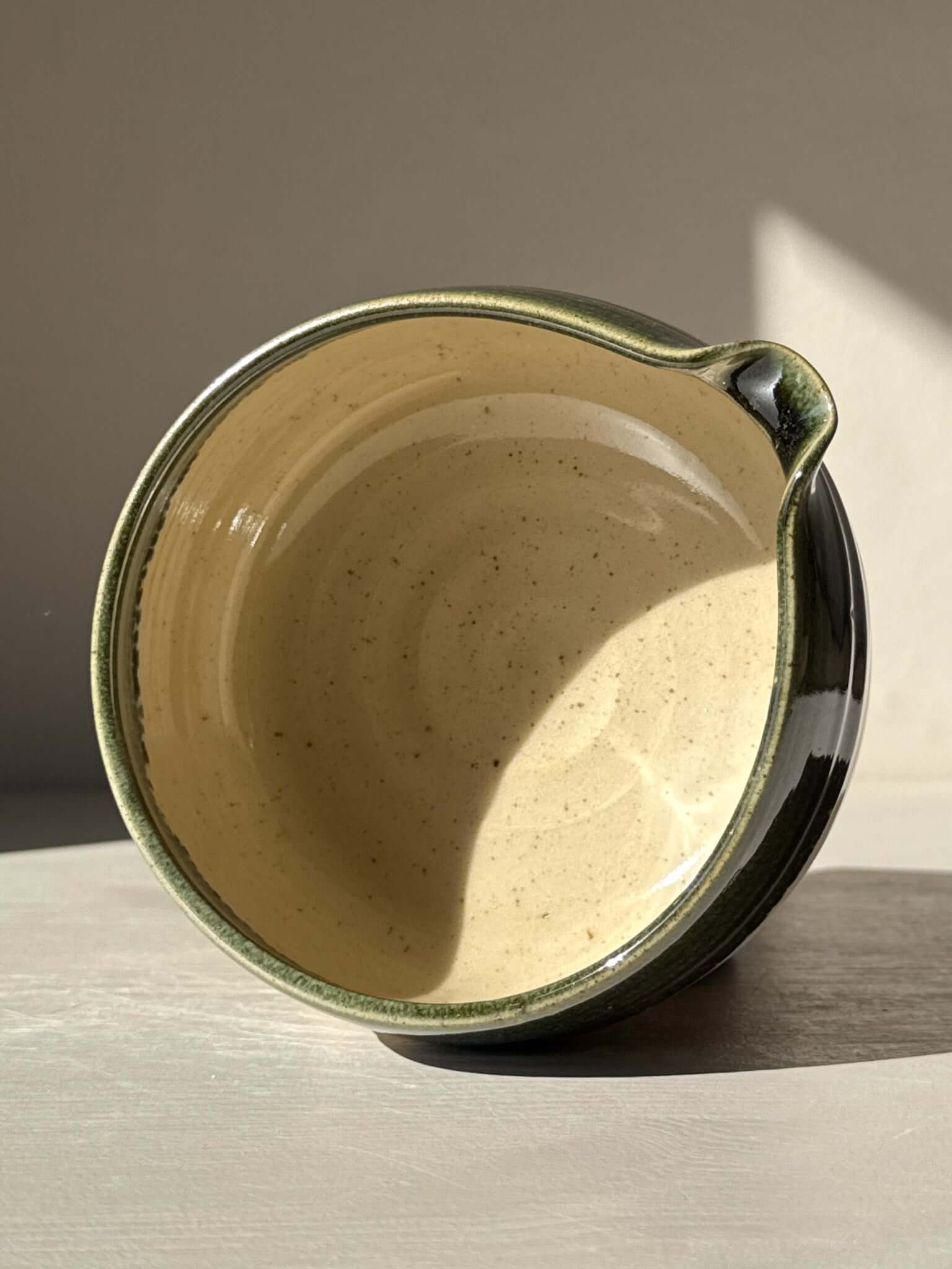 Matcha Bowl with Spout - Green Rim #03, traditional Katakuchi for easy pouring, glossy finish, vibrant green rim, perfect for whisking matcha.