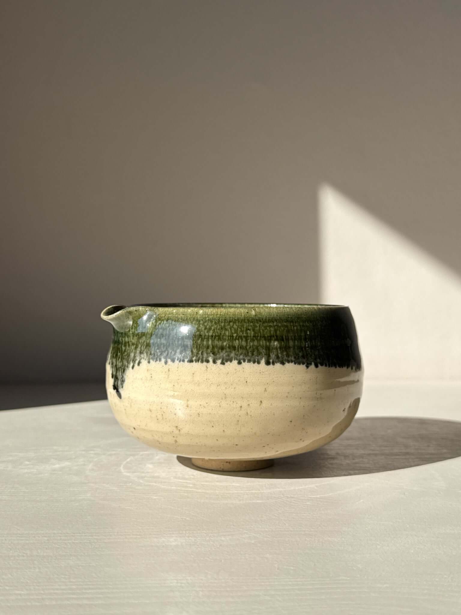 Matcha Bowl with Spout - Green Rim #06, traditional Japanese Katakuchi design with vibrant green rim and smooth glossy finish