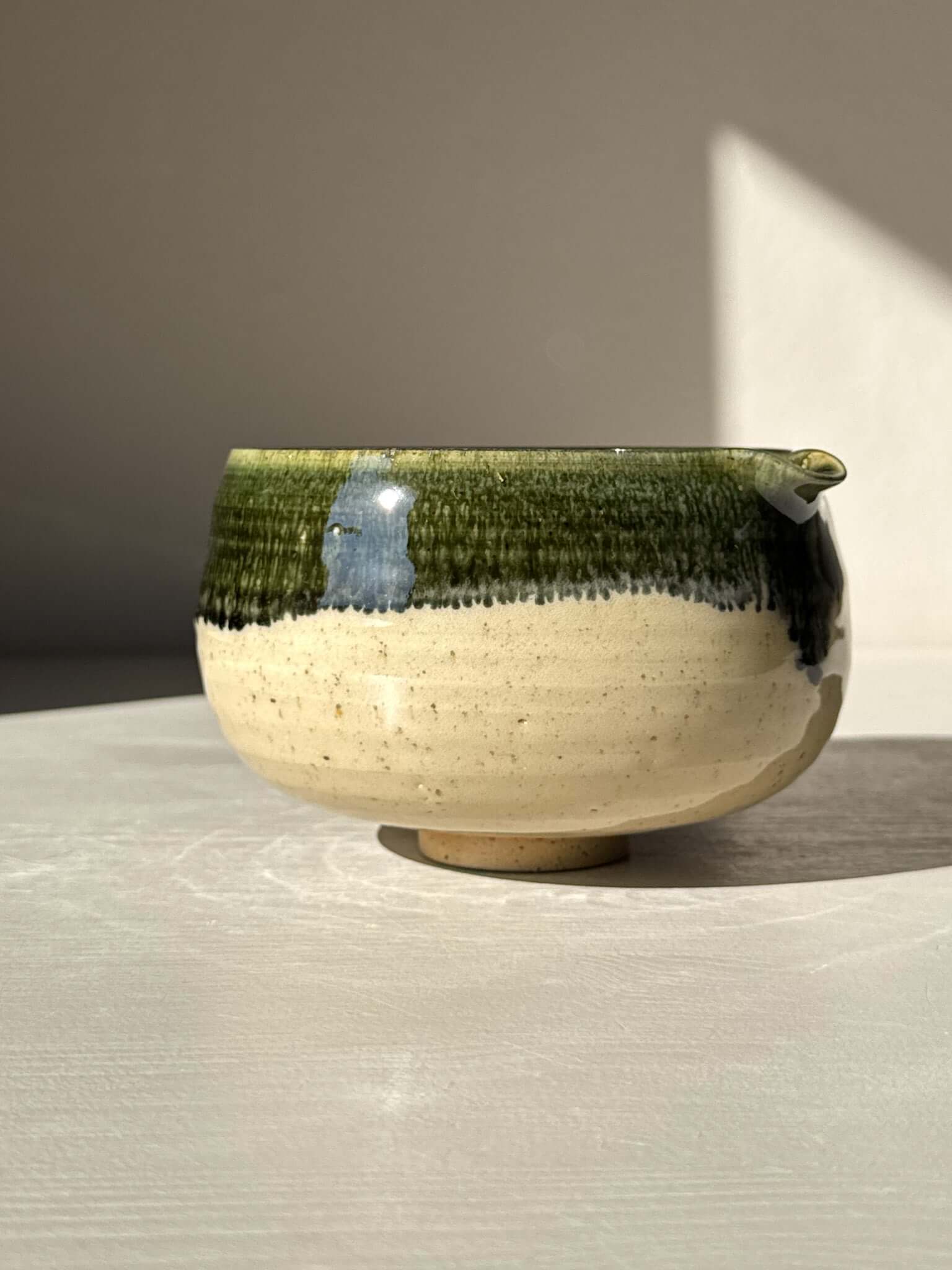 Matcha Bowl with Spout - Green Rim #06, Japanese-style katakuchi bowl with vibrant green rim and glossy finish.