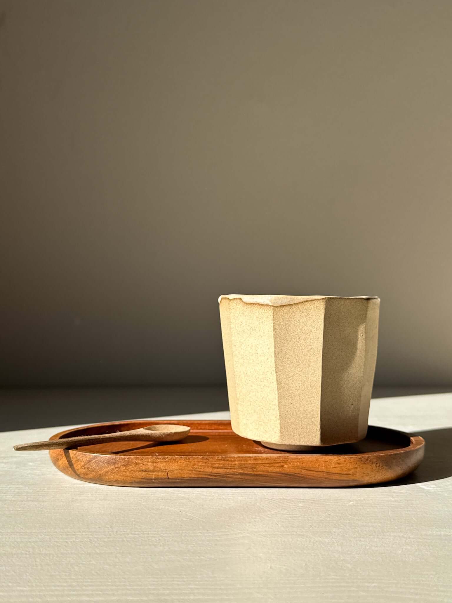 Faceted yunomi cup - Crackle Glaze with natural clay finish on wooden tray