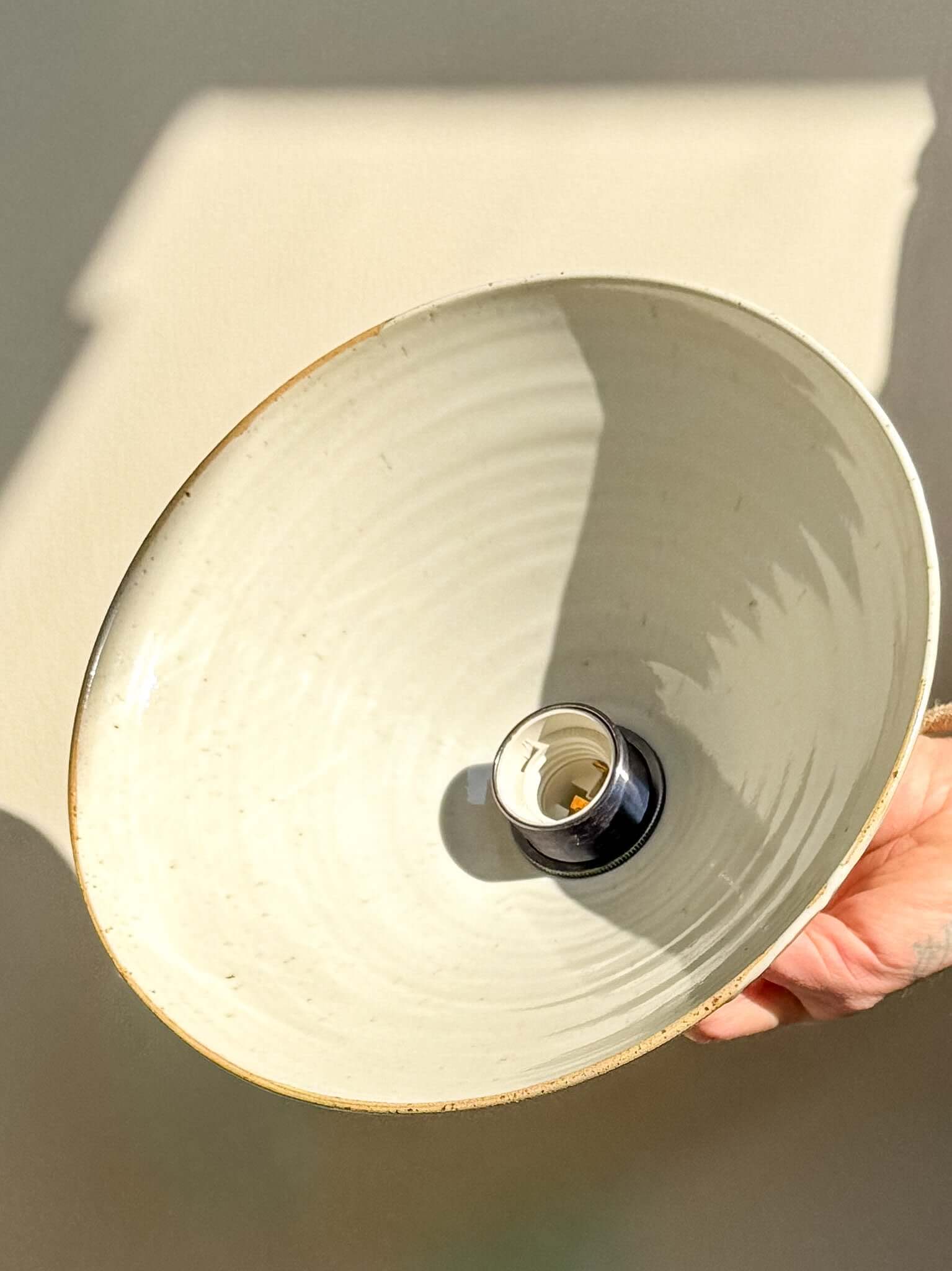 Ceramic Lamp Shade – Half Glossy White Glaze #03 with a raw, unglazed exterior and glossy white interior for soft, warm lighting.