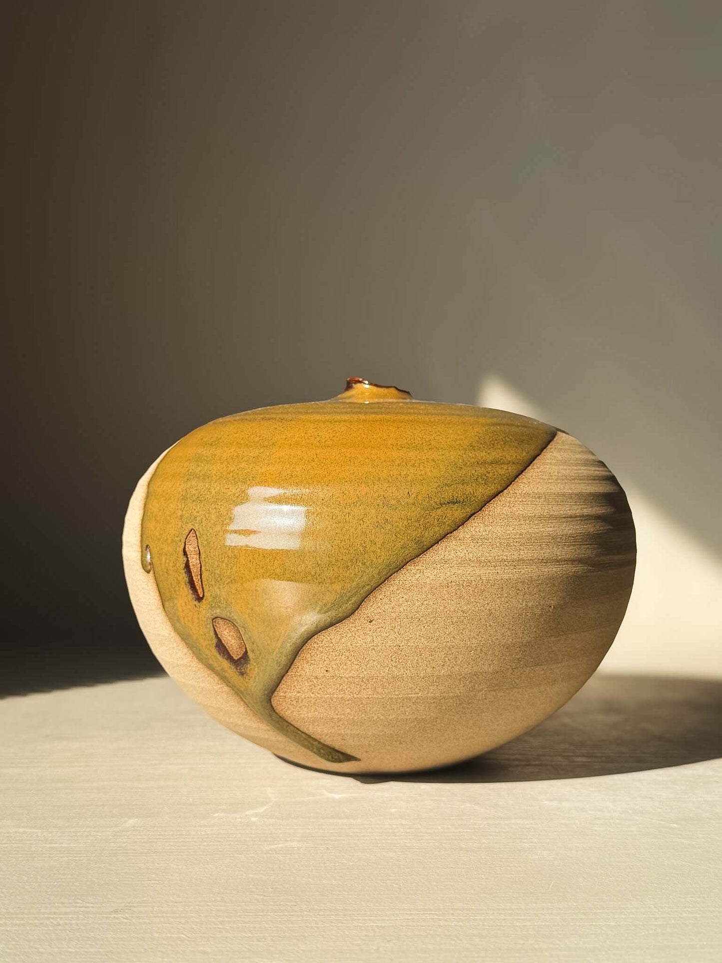 Orb Vase – #18 with unique glaze drips on rounded clay form