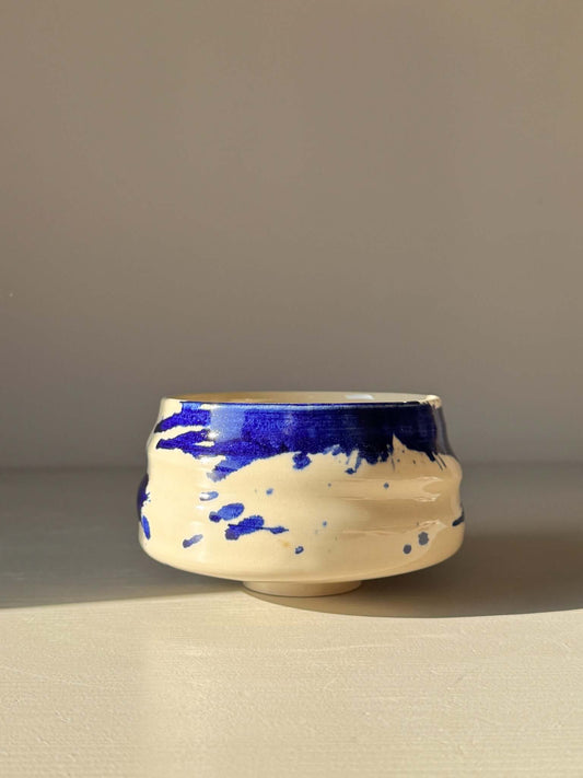 Matcha Bowl – Gosu Series #04 with cobalt glaze and rounded shape on display