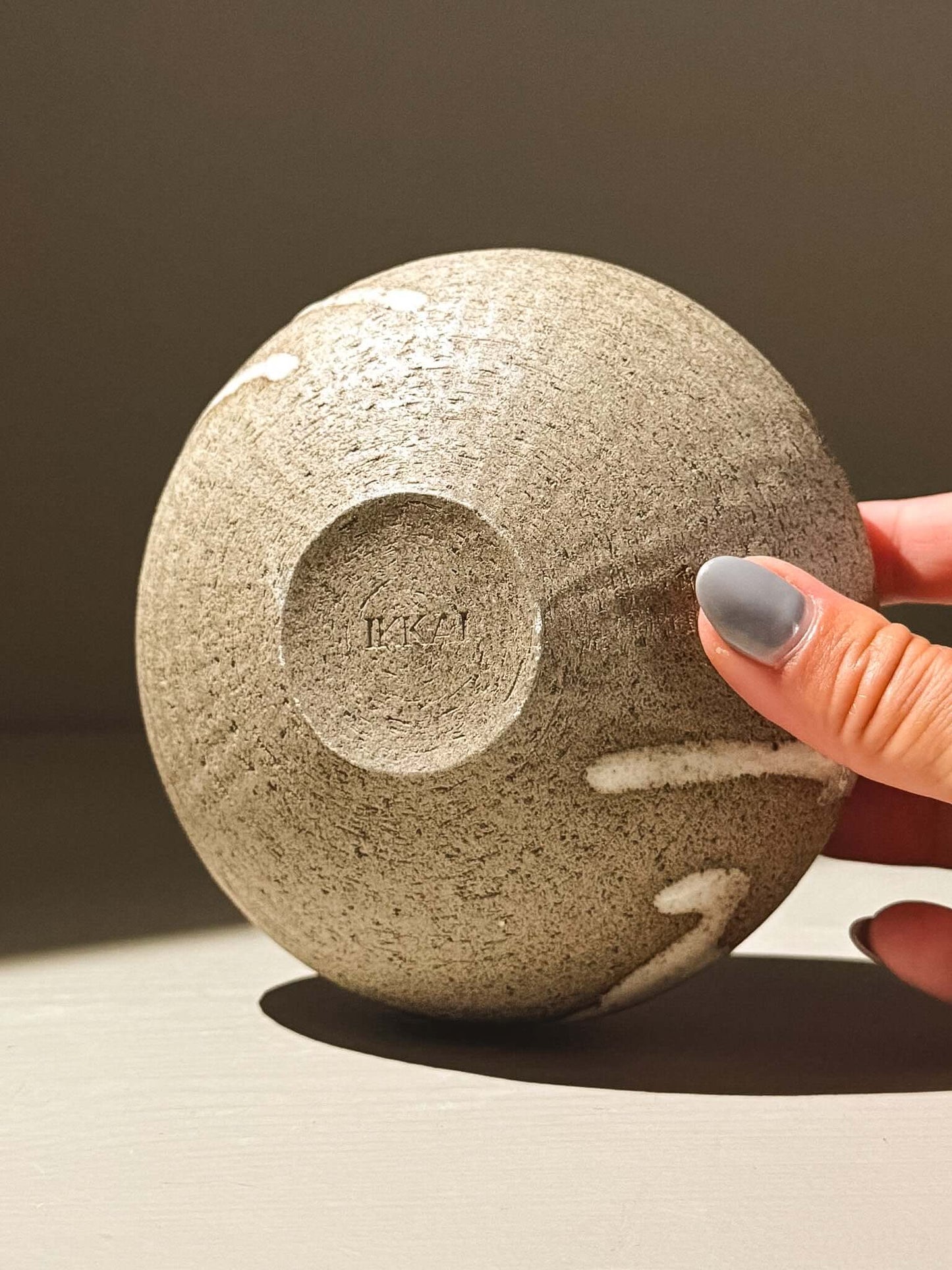 Orb Vase – Yuki Ash #07, a unique Japanese handmade ceramic orb vase with organic glaze patterns.