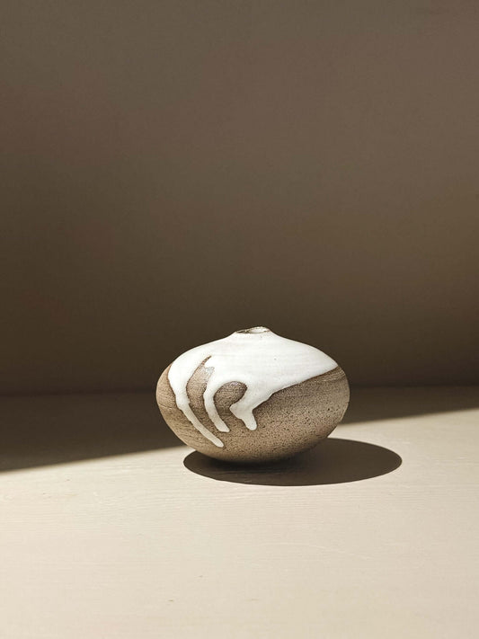 Orb Vase – Yuki Ash #09, a unique Japanese handmade ceramic orb vase with organic glaze patterns.
