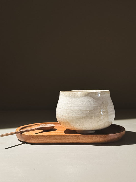 Yunomi Cup - Kannyū Series  #11 on a wooden tray with a spoon, showcasing its elegant design and crackle glaze.