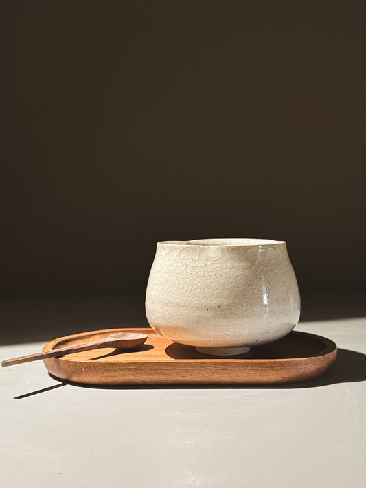 Yunomi Cup - Kannyū Series  #12 on a wooden tray with a spoon, showcasing its elegant design and delicate glaze.