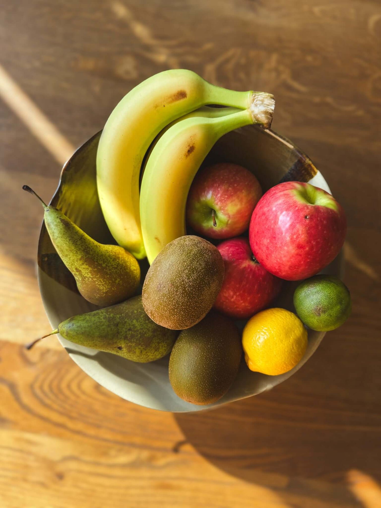 Large Bowl - Inyo #01 with fresh fruits including bananas, apples, pears, kiwi, and citrus on a wooden surface.