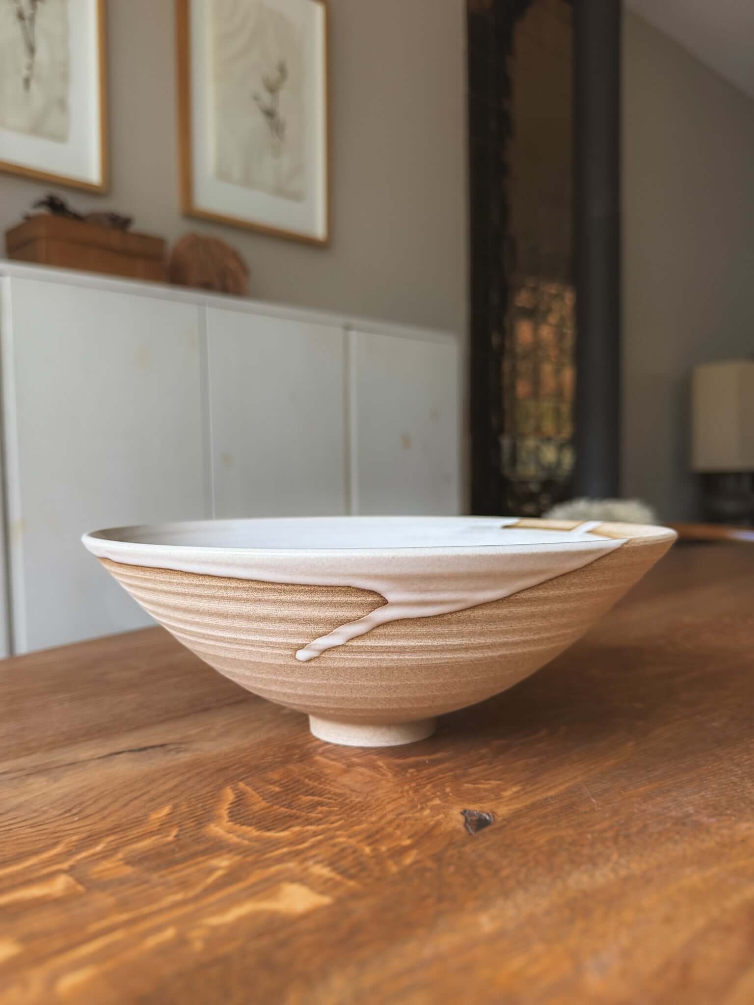 Medium Bowl - Yuki #01 with glossy white glaze on wooden table
