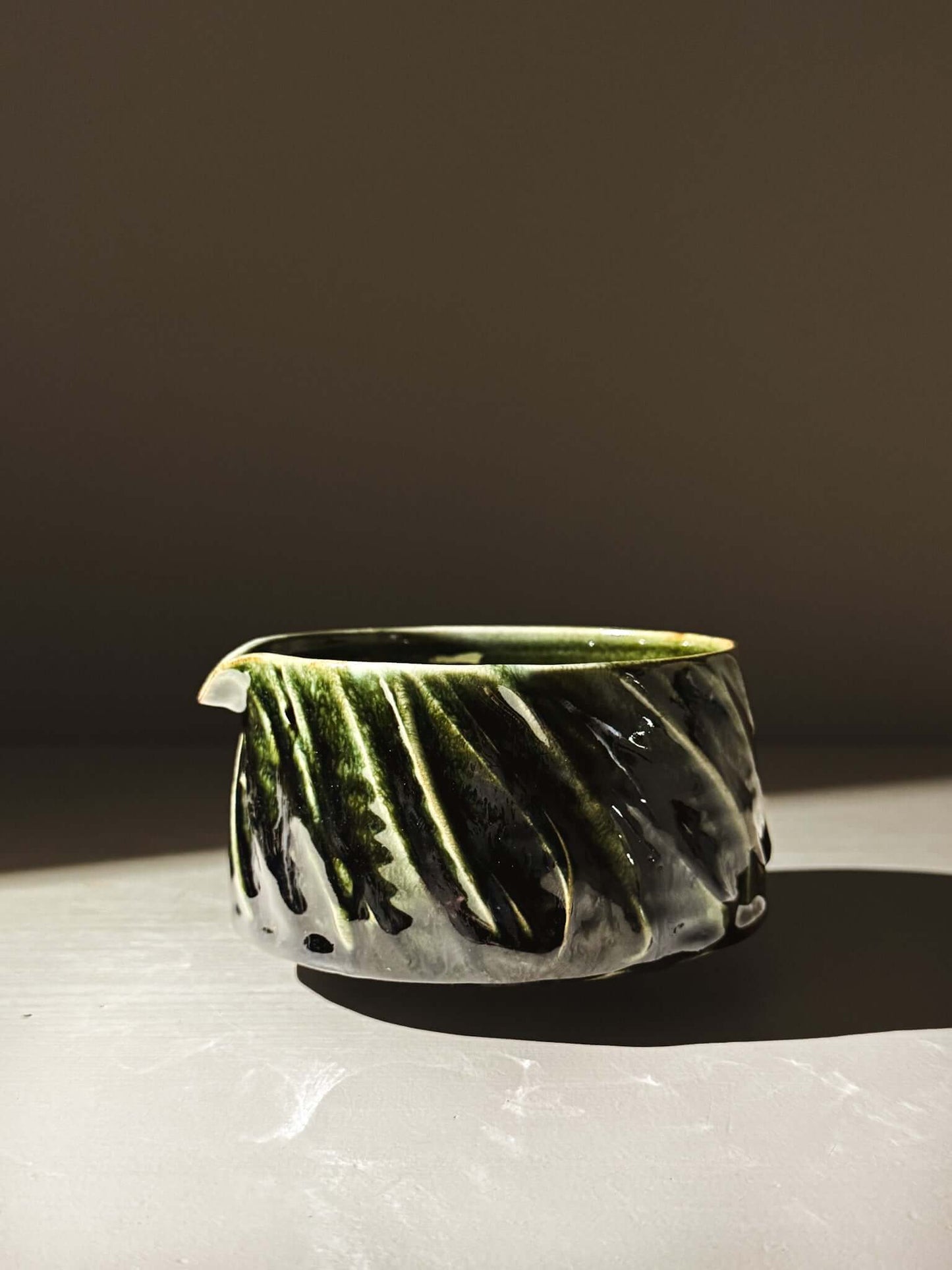 Textured Matcha Bowl Spout - Hinoki #01 with faceted design and glossy green glaze