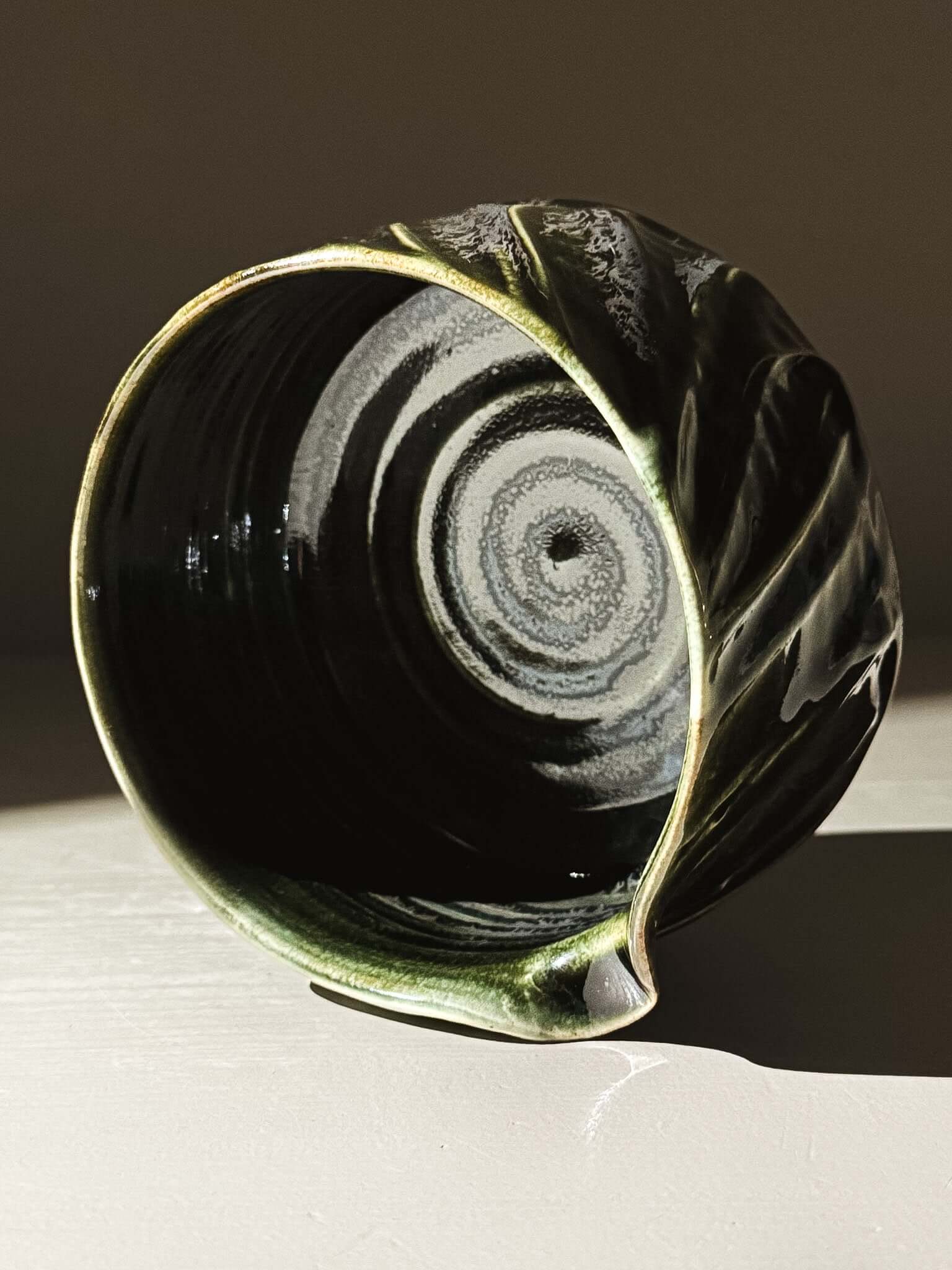 Textured Matcha Bowl Spout - Hinoki #01 with bold faceted form and green glaze featuring hand-applied slip decoration.