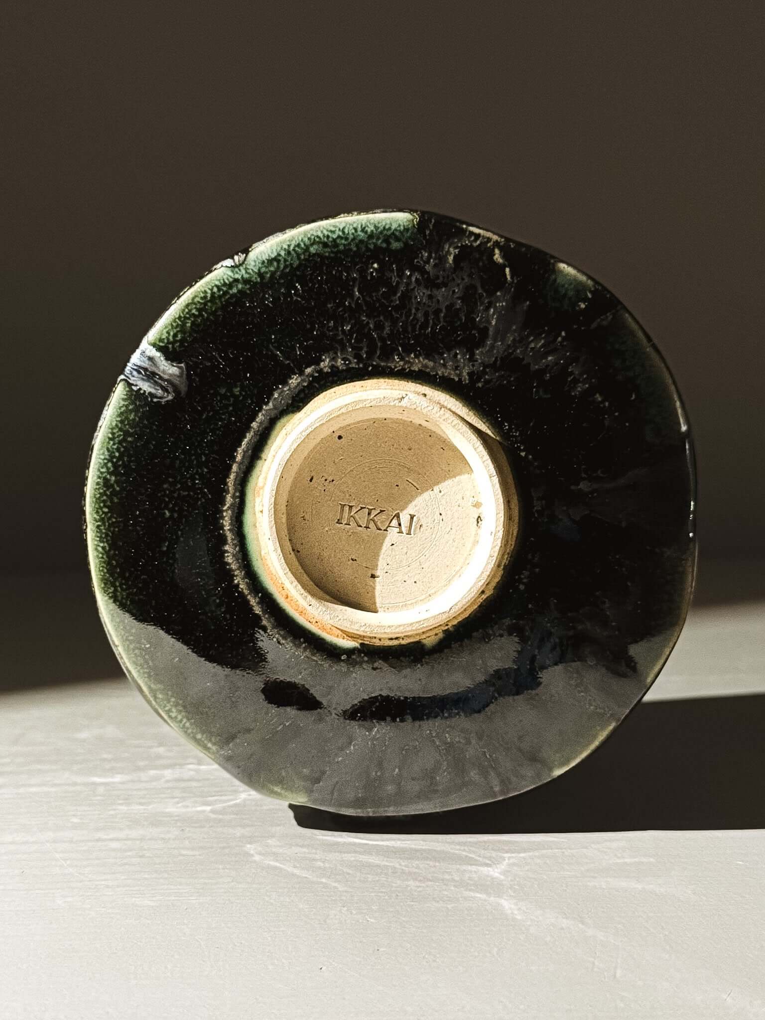 Bottom view of Textured Matcha Bowl Spout - Hinoki #01 with glossy green glaze finish.
