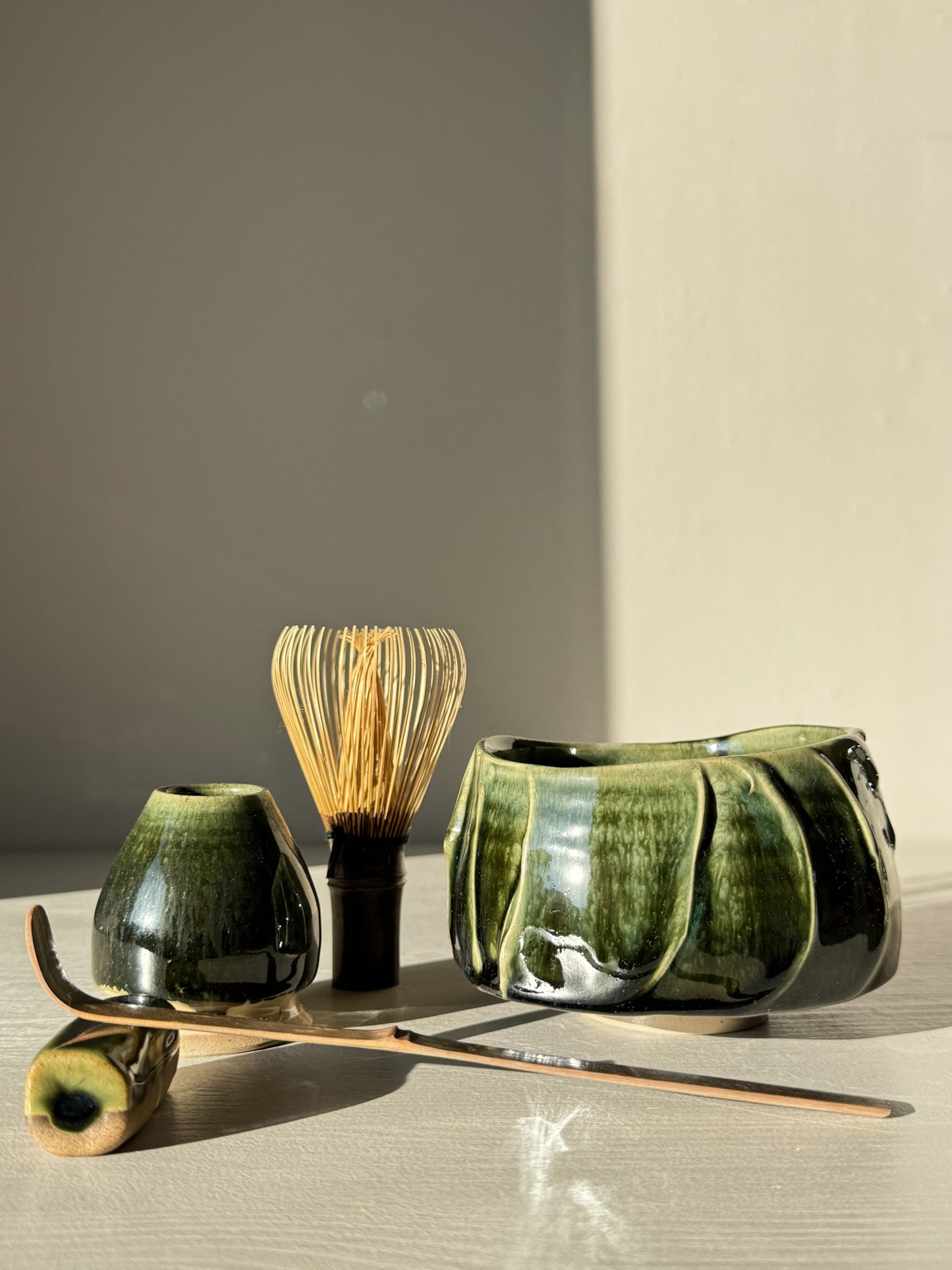 Textured Matcha Bowl - Hinoki #09 with green glaze and tea whisk