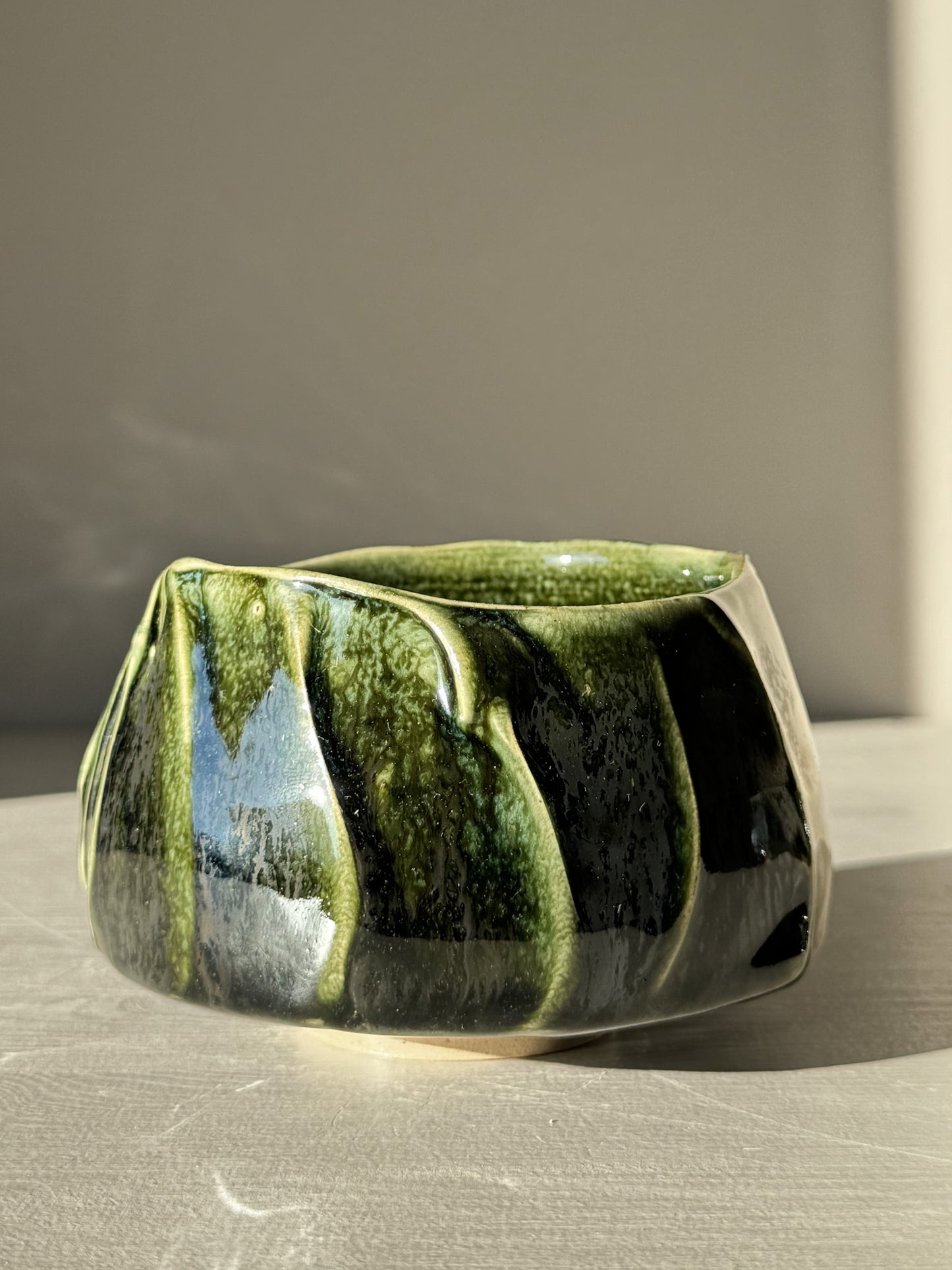 Textured Matcha Bowl - Hinoki #13 with green glaze and natural finish