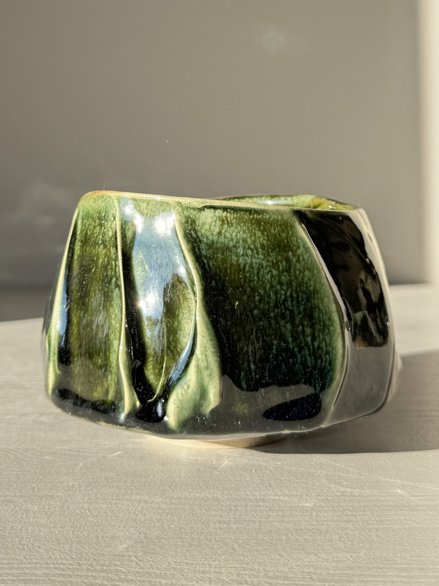 Textured Matcha Bowl - Hinoki #14 with unique green glaze and textured finish, inspired by calming Hinoki tree hues, for matcha rituals.