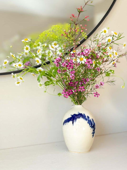 Ceramic Vase - Gosu Series #06 with hand-splashed cobalt blue accents and wildflowers, illustrating modern design and uniqueness.