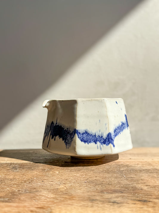 Faceted Matcha Bowl with Spout – Cobalt Blue & Glossy White Glaze #04