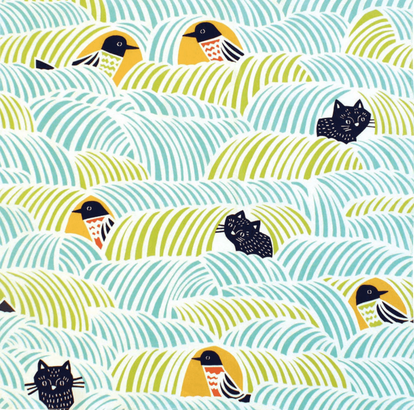 Japanese Medium furoshiki cloth with black cats and birds on a blue and green pattern, reusable cotton wrapping cloth by kata kata.