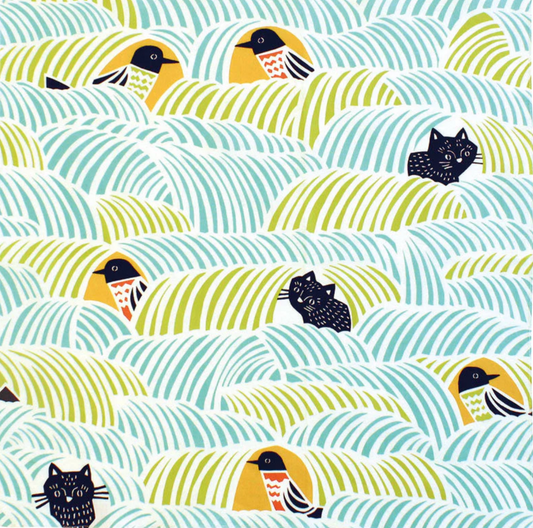 Japanese Medium furoshiki cloth with black cats and birds on a blue and green pattern, reusable cotton wrapping cloth by kata kata.