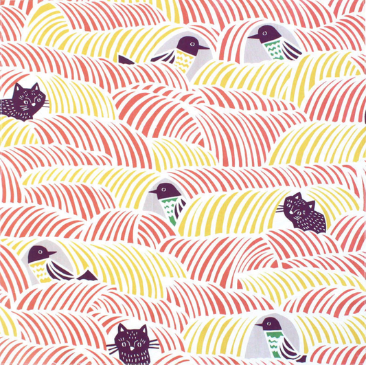 apanese Medium furoshiki cloth with black cats and birds on a pink and yellow pattern, reusable cotton wrapping cloth by kata kata.