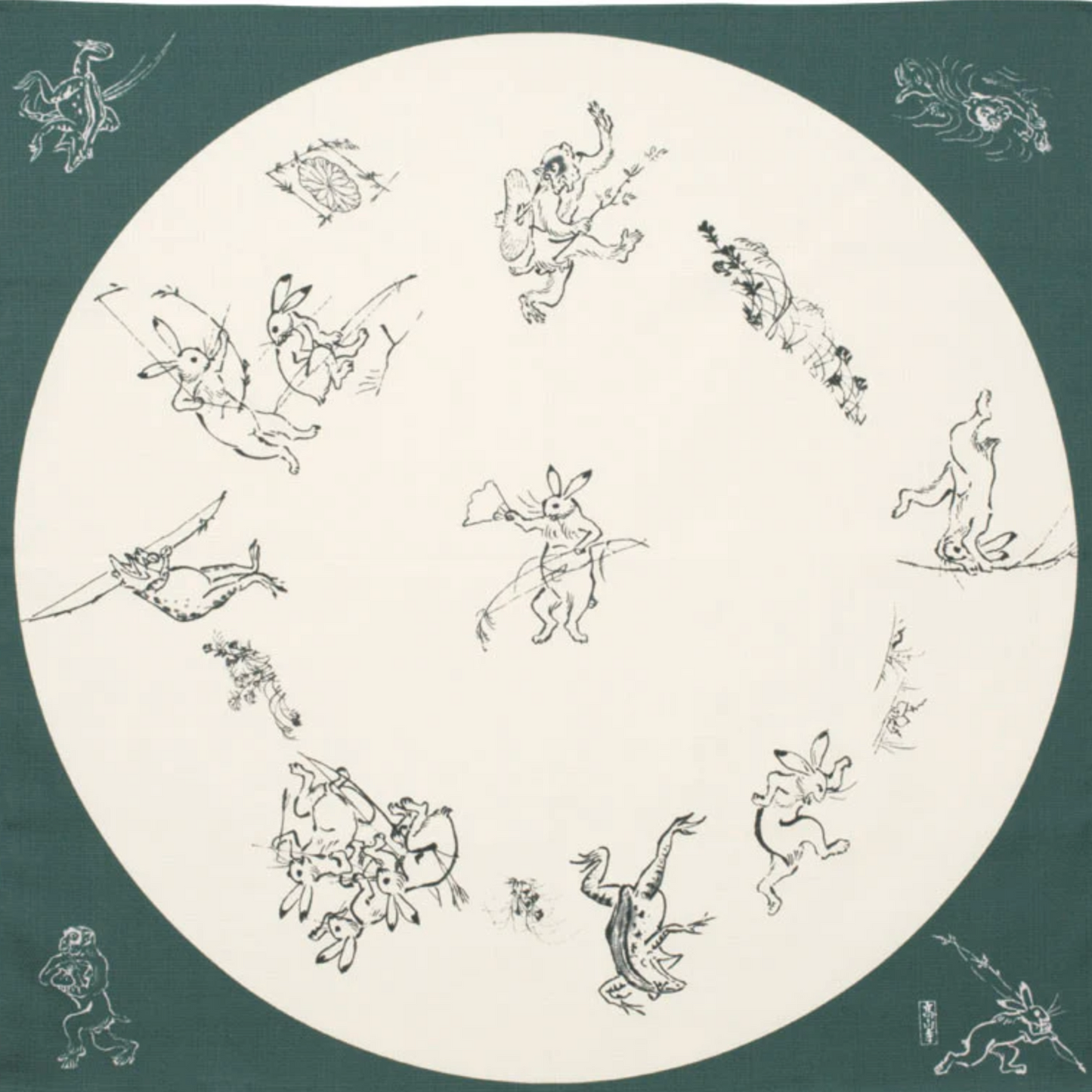 Medium furoshiki with rabbits, frogs, and monkeys in a round window design on green organic cotton cloth.