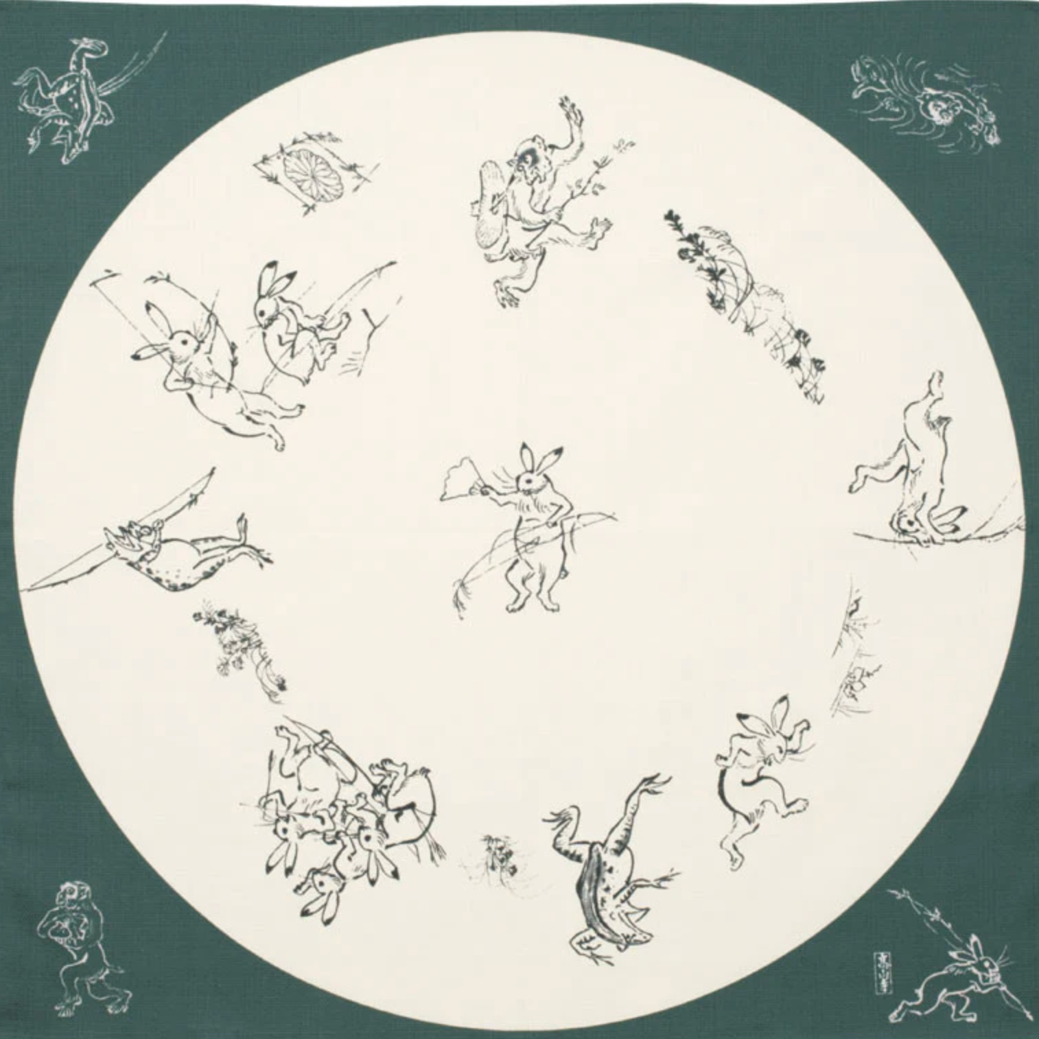 Medium furoshiki with rabbits, frogs, and monkeys in a round window design on green organic cotton cloth.