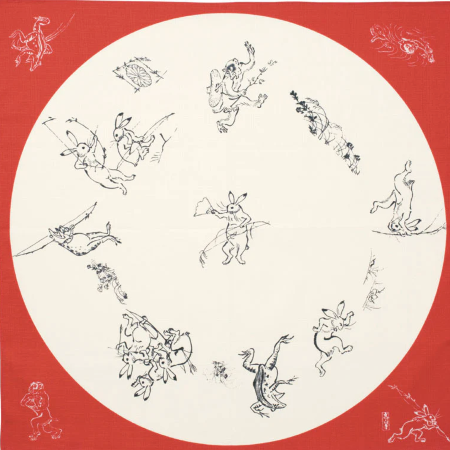 Japanese Medium furoshiki with rabbits, frogs, and monkeys in a round window design on red organic cotton cloth.