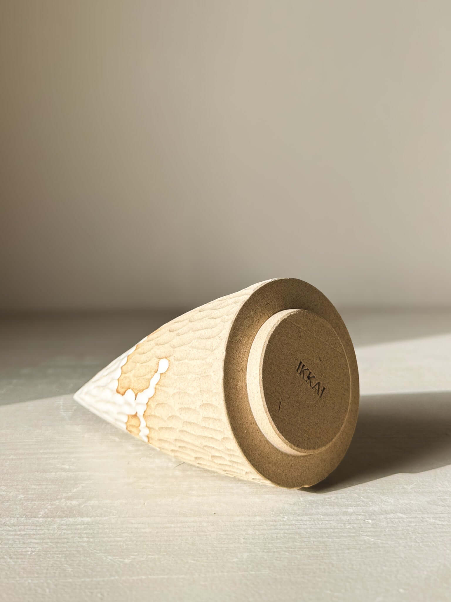 Base view of Carved Ceramic Tree – Yuki #02 showing intricate hand-carved patterns with a glossy white glaze finish.