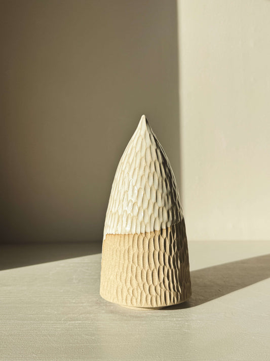 Carved Ceramic Tree – Yuki #03 with hand-carved texture and glossy white glaze on display.