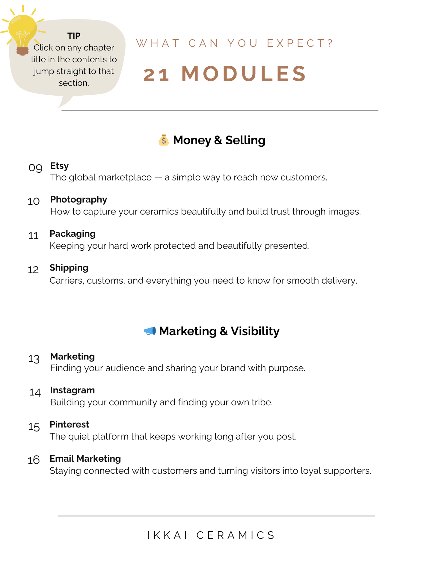 Infographic on modules in the eBook 'How to Start a Pottery Business – A Guide for Ceramic Artists,' covering topics like selling and marketing.