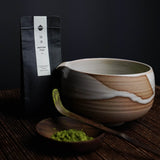 Ceremonial bowl and Fuji Matcha – Japan (Ceremonial Grade) packet with matcha powder on spoon