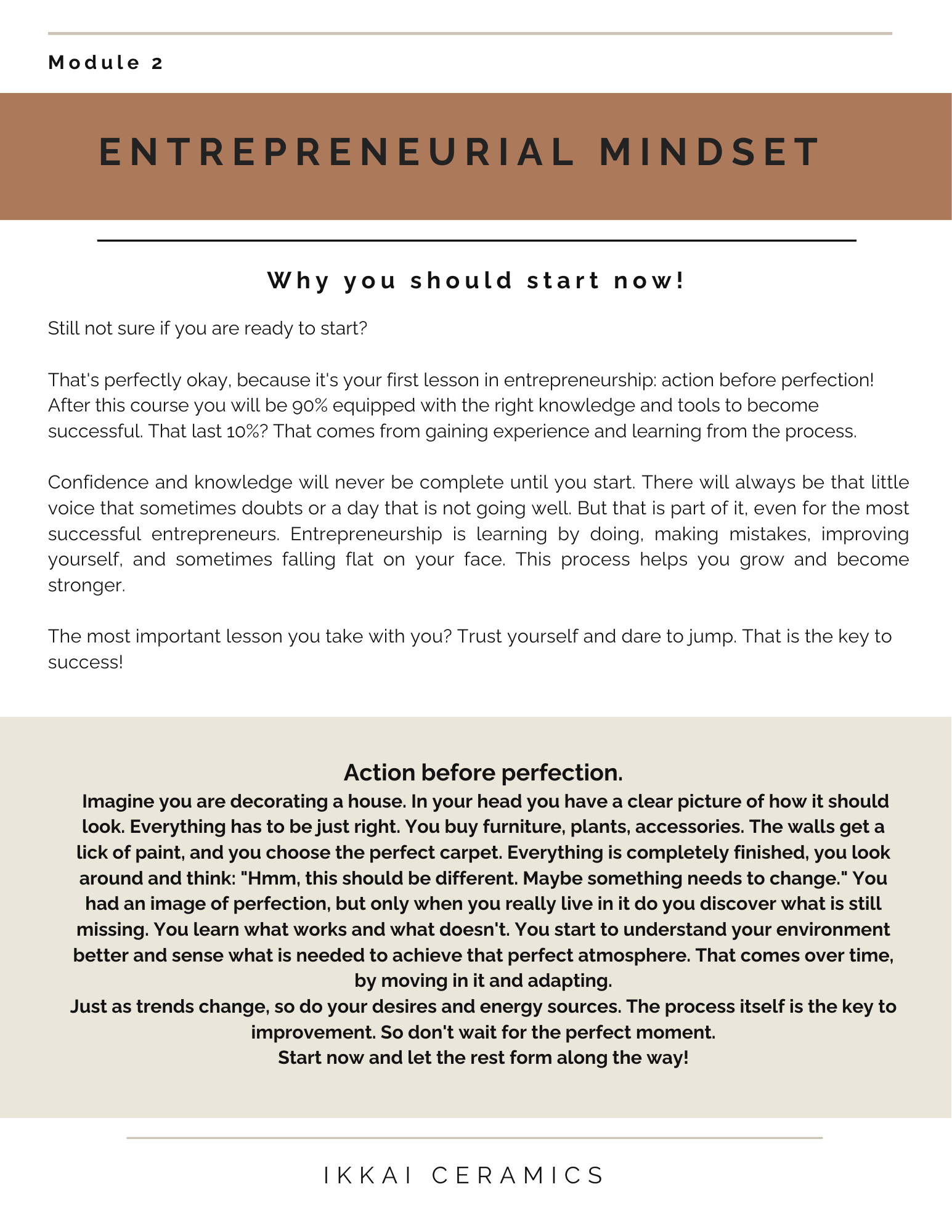 Module 2 page on Entrepreneurial Mindset from Ikkai Ceramics guide on 'How to Start a Pottery Business – A Guide for Ceramic Artists.'