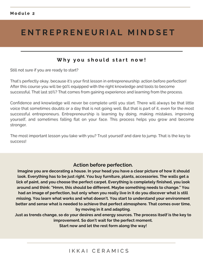 Module 2 page on Entrepreneurial Mindset from Ikkai Ceramics guide on 'How to Start a Pottery Business – A Guide for Ceramic Artists.'