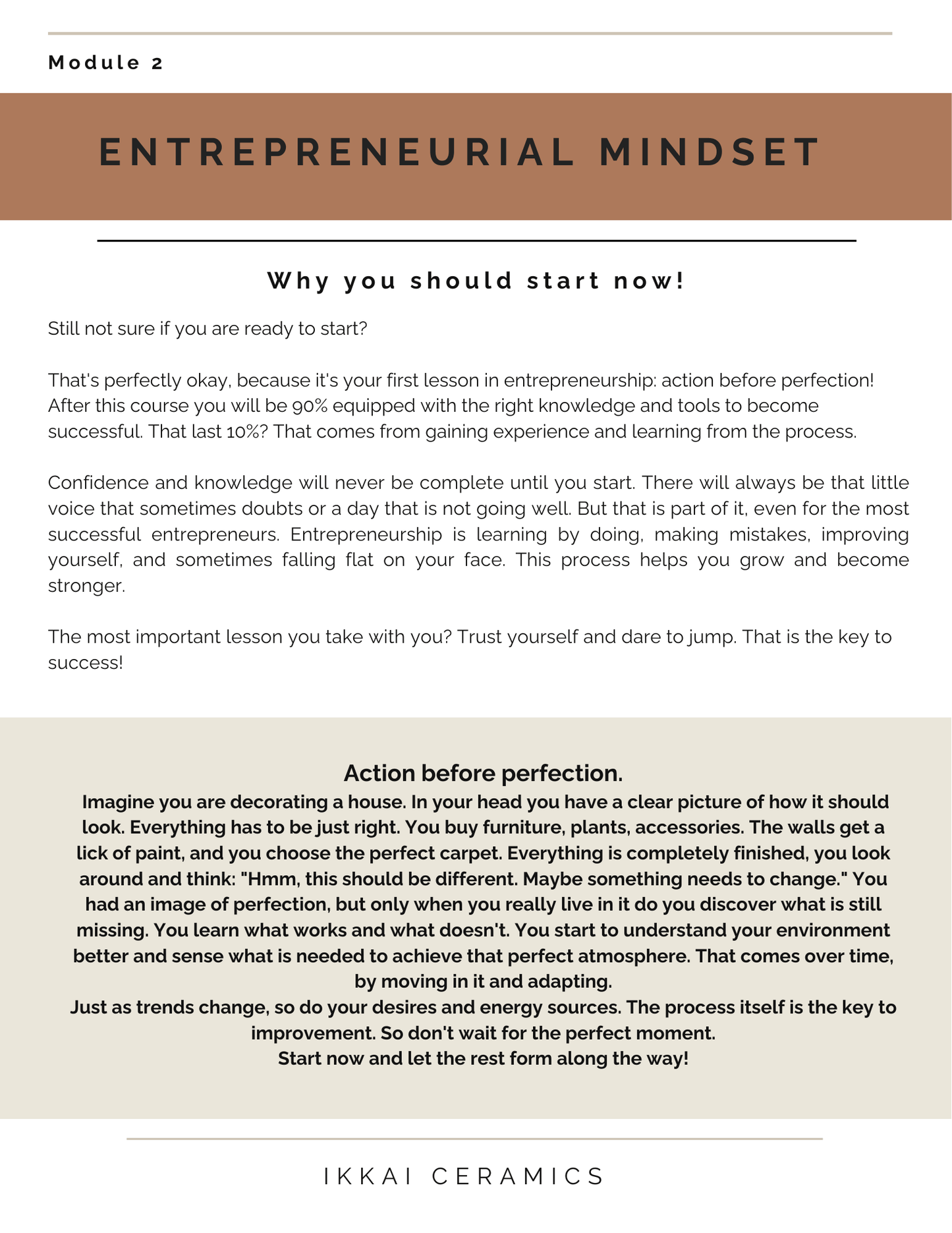 Module 2 page on Entrepreneurial Mindset from Ikkai Ceramics guide on 'How to Start a Pottery Business – A Guide for Ceramic Artists.'
